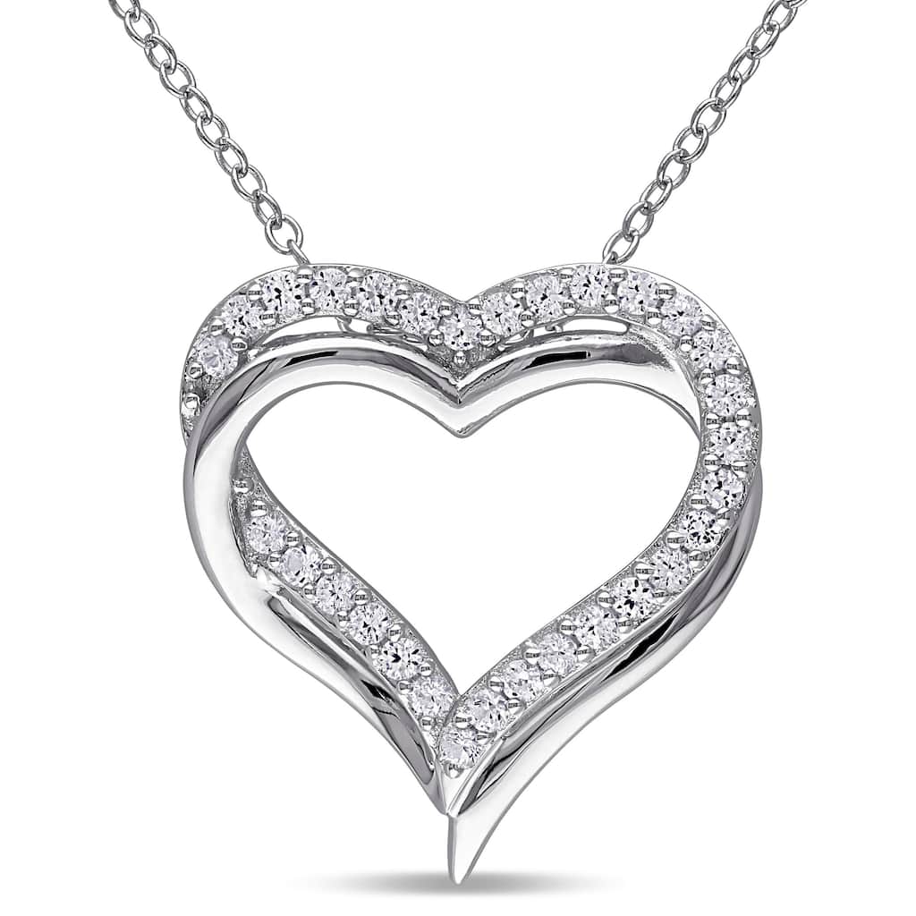 Miadora Sterling Silver Created White Sapphire Double Heart Necklace