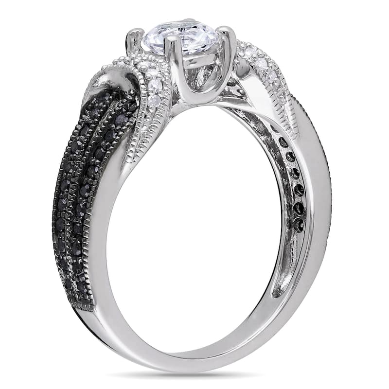 Miadora Sterling Silver Created White Sapphire and 1/4ct TDW Black and White Diamond Split Shank Eng