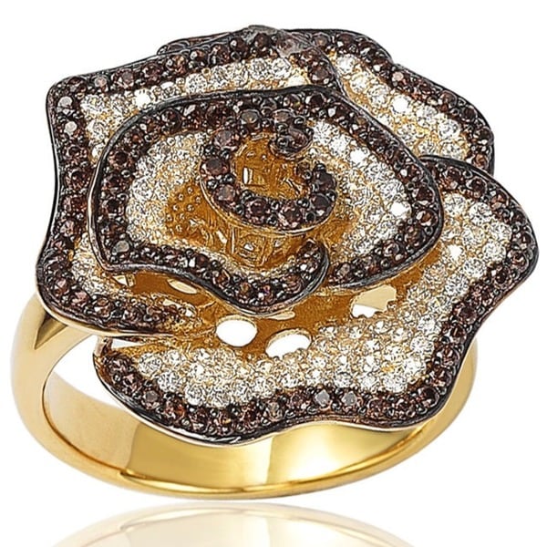 Suzy Levian Pave-Set Chocolate and White Cubic Zirconia Flower Ring