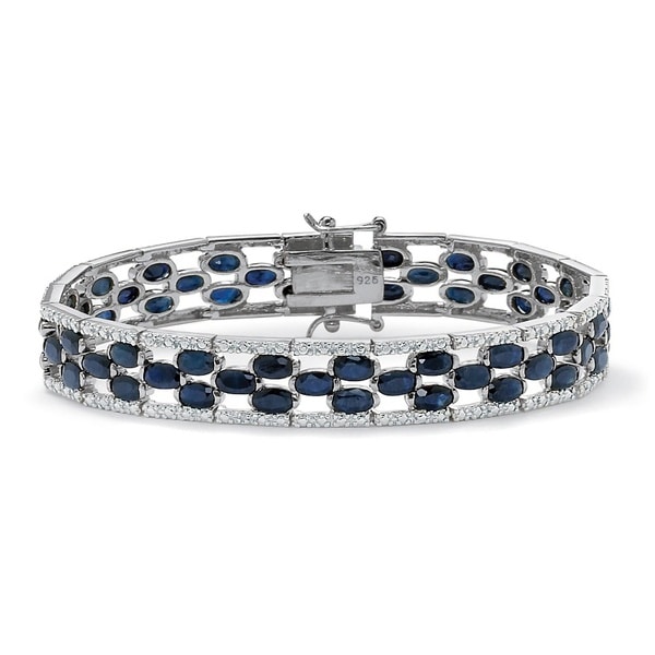 20.65 TCW Oval-Cut Genuine Midnight Blue Sapphire Platinum over Sterling Silver Bracelet 7