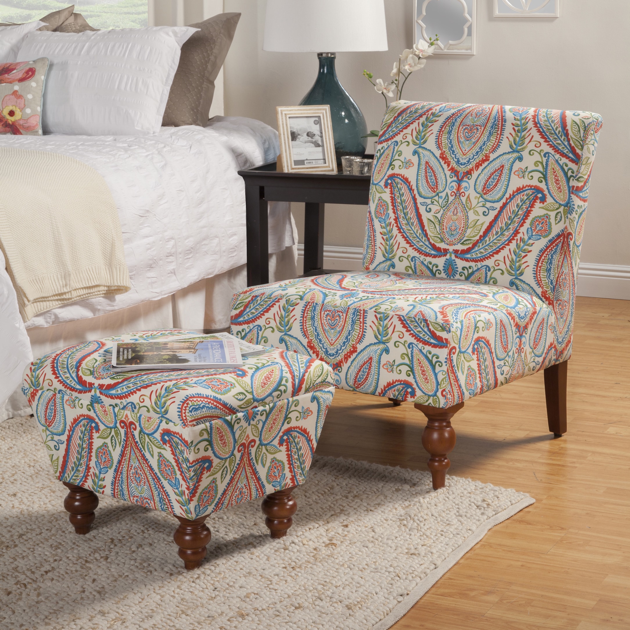 HomePop Coral and Turquoise Paisley Accent Chair and Ottoman Multi | eBay