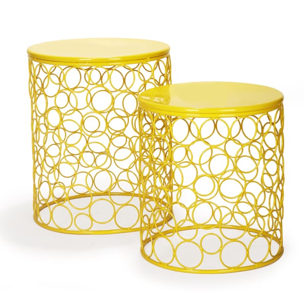 Adeco Circle Pattern Bright Yellow Round Iron Nesting Stools (Set of 2)