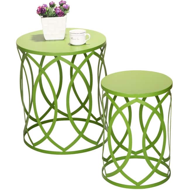 Adeco Interlocking Oval Pattern Khaki Green Round Iron Nesting Tables/ Stools (Set of 2)