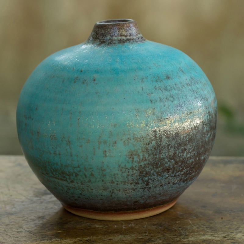 Handmade Turquoise with Brown Ceramic Bud Vase (Thailand)