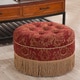 preview thumbnail 71 of 90, Yolanda Performance Fabric 25" Tufted Round Footstool Ottoman with Rope Fringe Red & Gold Jacquard