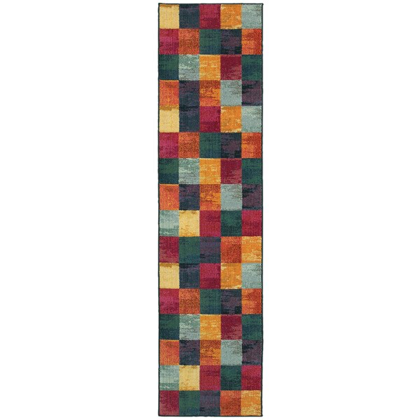 Aura Colors Geometric Block Blue/ Pink Area Rug (2'7 x 10') - 2'7" x 10' Runner
