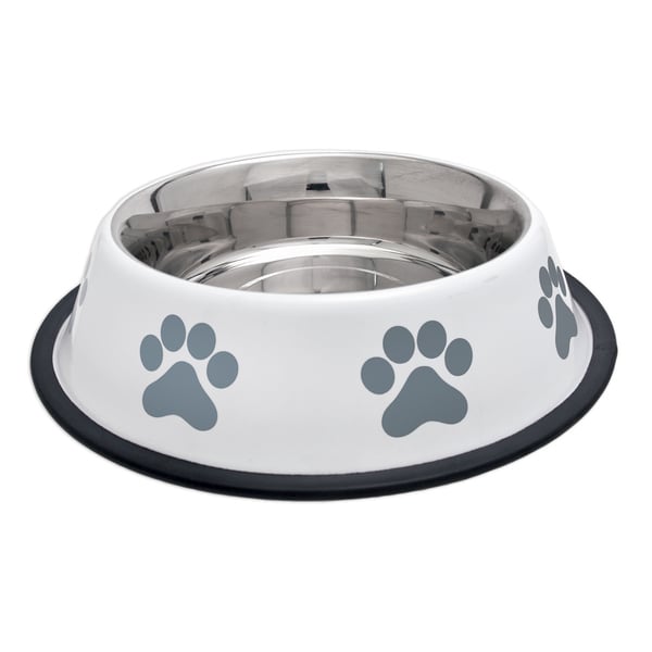 Fashion Steel Bowl White W/Grey Paws 32oz    16910549  