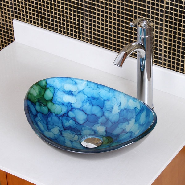 Elite Unique Oval Cloud Style Tempered Glass Bathroom Vessel Sink With ...