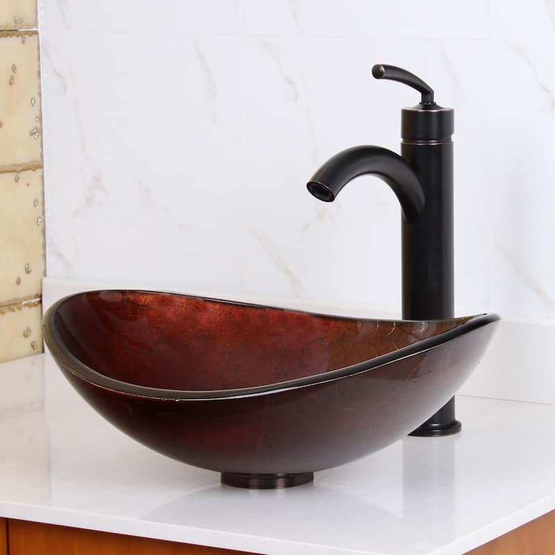 Elite Unique Oval Artistic Bronze Tempered Glass Bathroom Vessel Sink with Faucet Combo - Oil Rubbed Bronze Finish Faucet+Sink