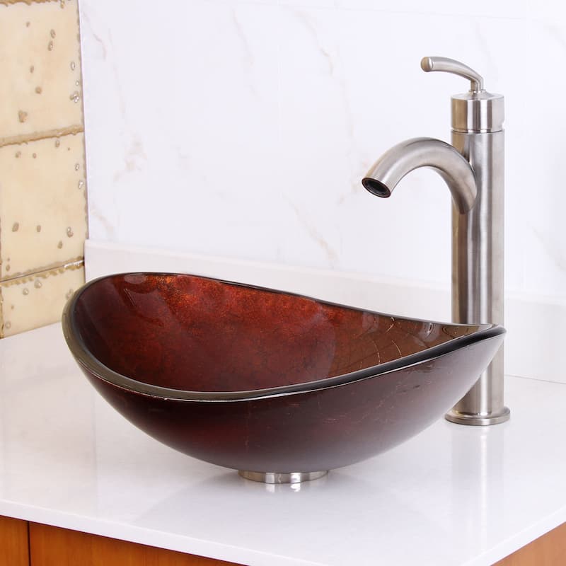Elite Unique Oval Artistic Bronze Tempered Glass Bathroom Vessel Sink with Faucet Combo