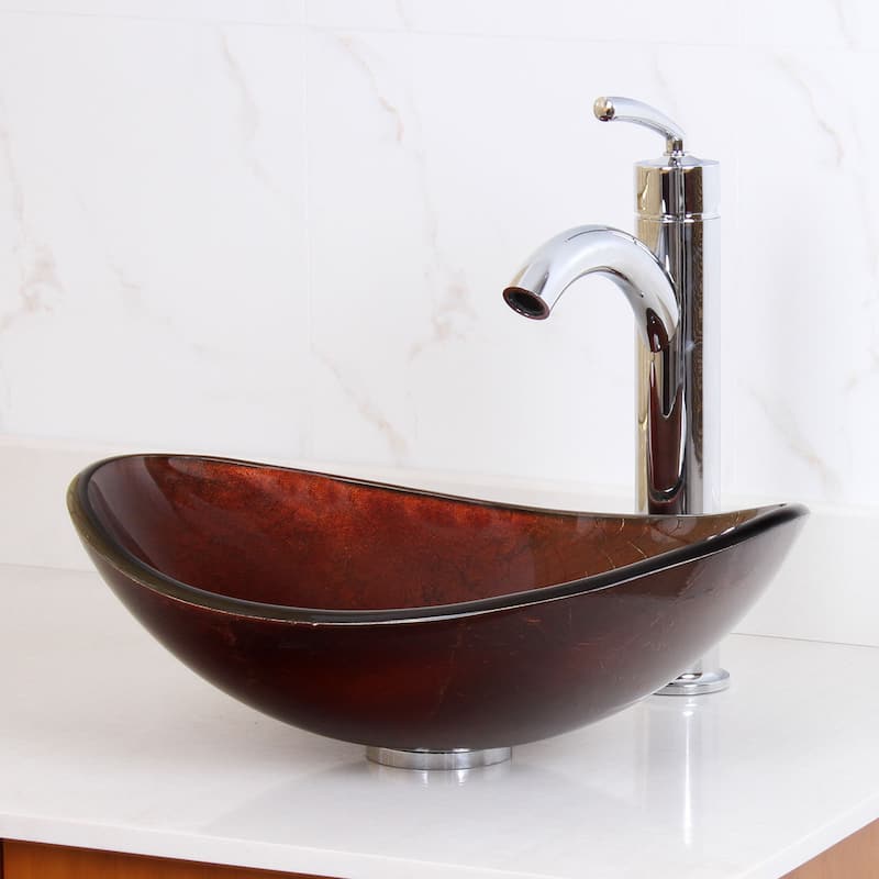 Elite Unique Oval Artistic Bronze Tempered Glass Bathroom Vessel Sink with Faucet Combo