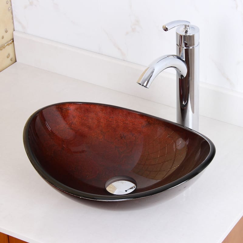 Elite Unique Oval Artistic Bronze Tempered Glass Bathroom Vessel Sink with Faucet Combo - Chrome Finish Faucet+Sink