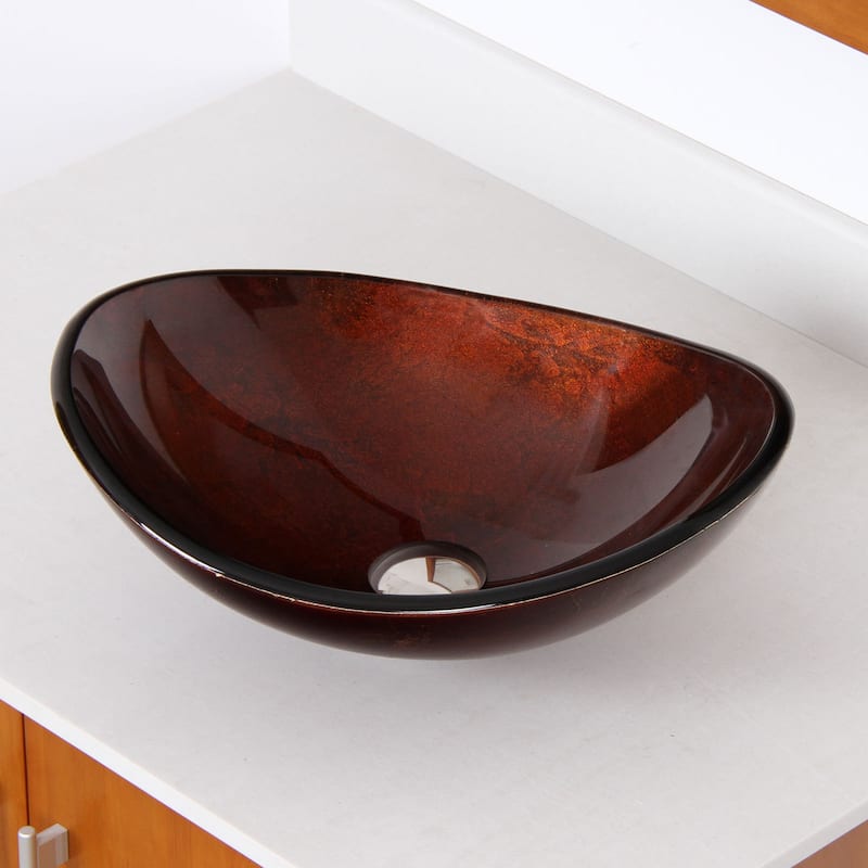 Elite Unique Oval Artistic Bronze Tempered Glass Bathroom Vessel Sink with Faucet Combo
