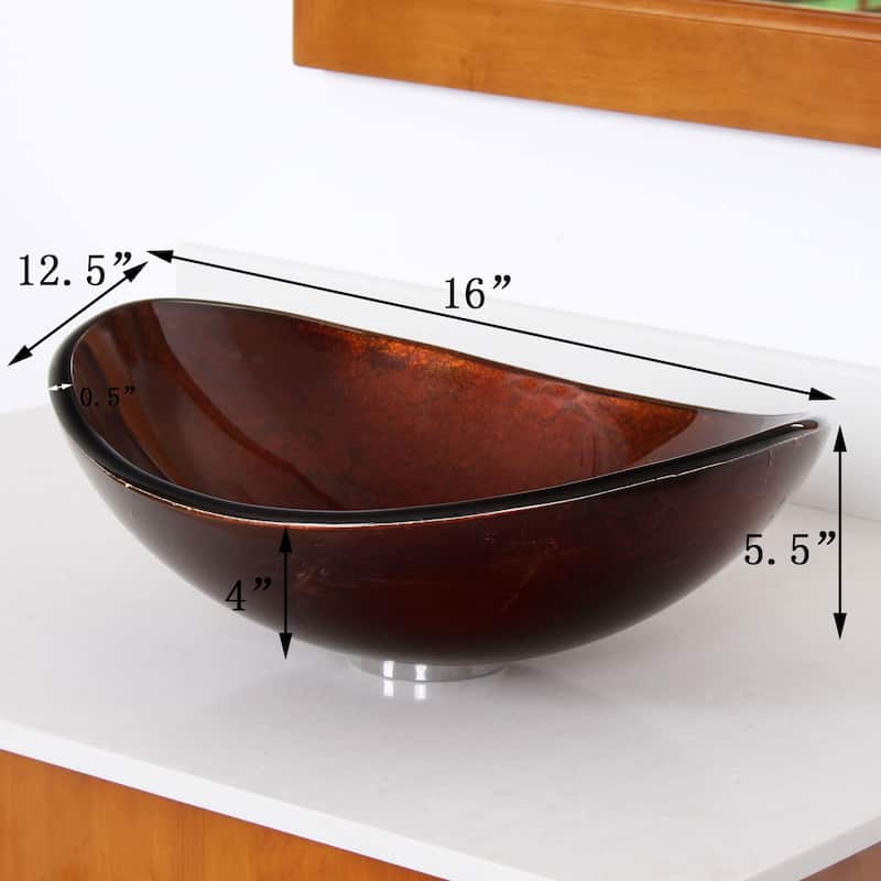 Elite Unique Oval Artistic Bronze Tempered Glass Bathroom Vessel Sink with Faucet Combo