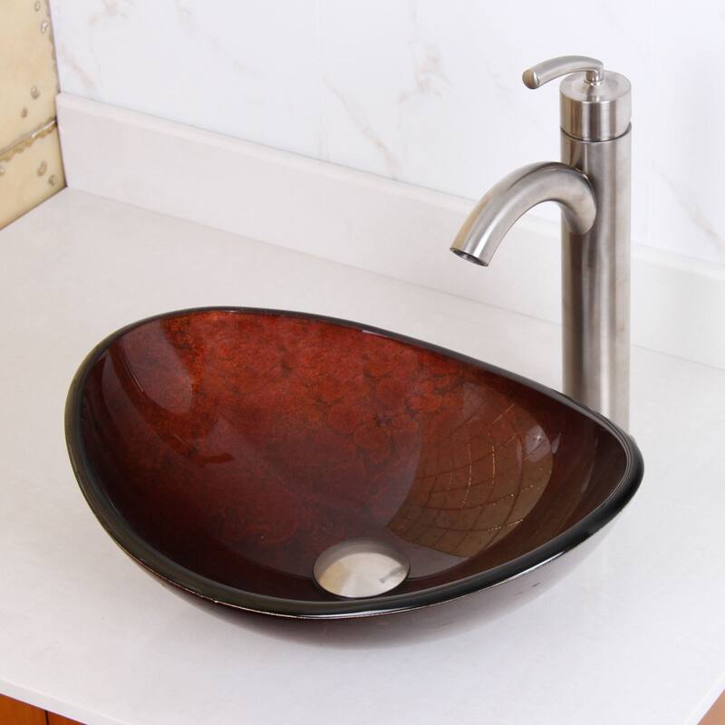 Elite Unique Oval Artistic Bronze Tempered Glass Bathroom Vessel Sink with Faucet Combo - Brushed Nickel Finish Faucet+Sink