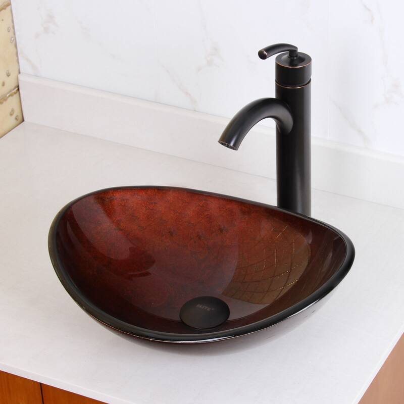 Elite Unique Oval Artistic Bronze Tempered Glass Bathroom Vessel Sink with Faucet Combo
