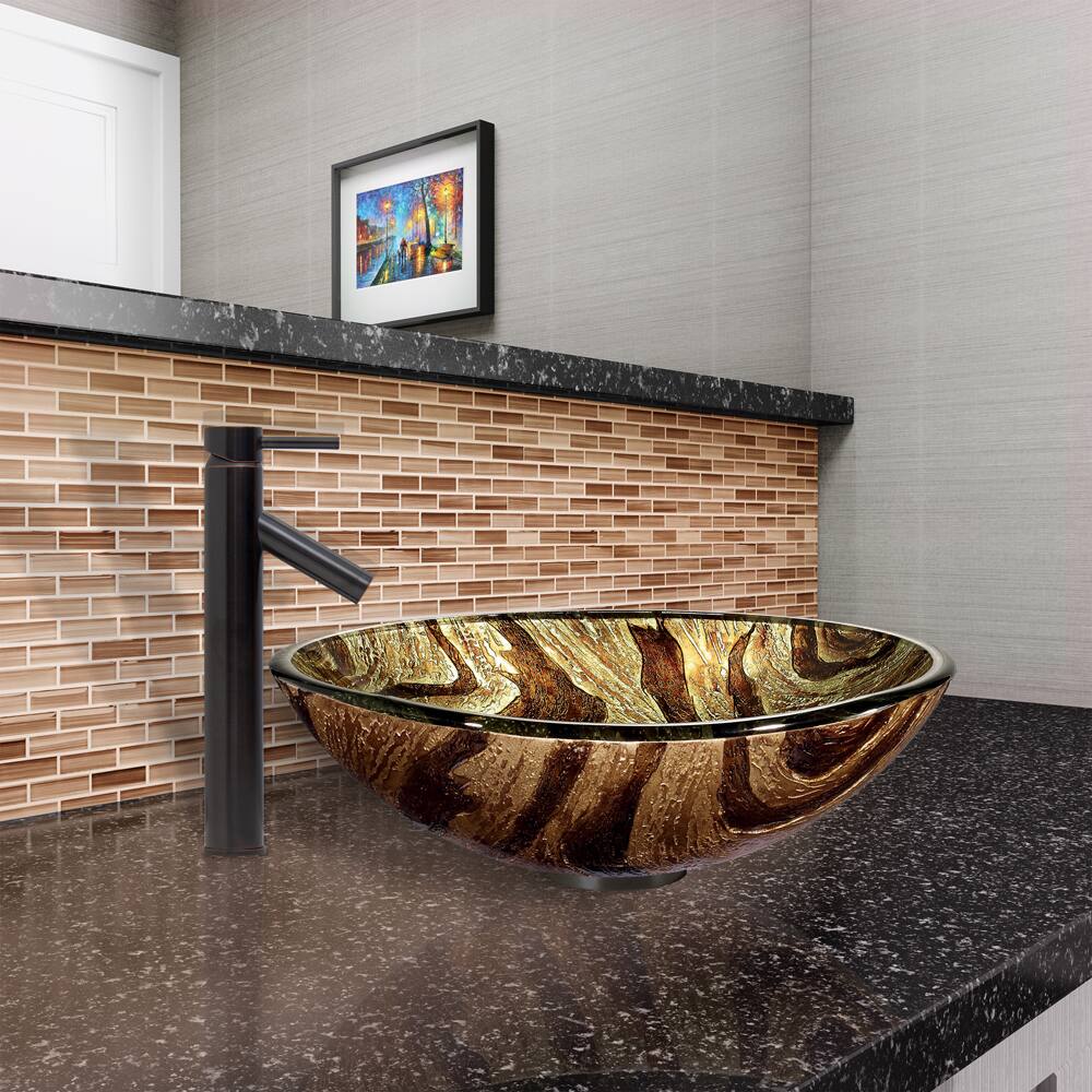 VIGO Zebra Glass Vessel Sink and Dior Faucet Set in Antique Rubbed Bronze Finish