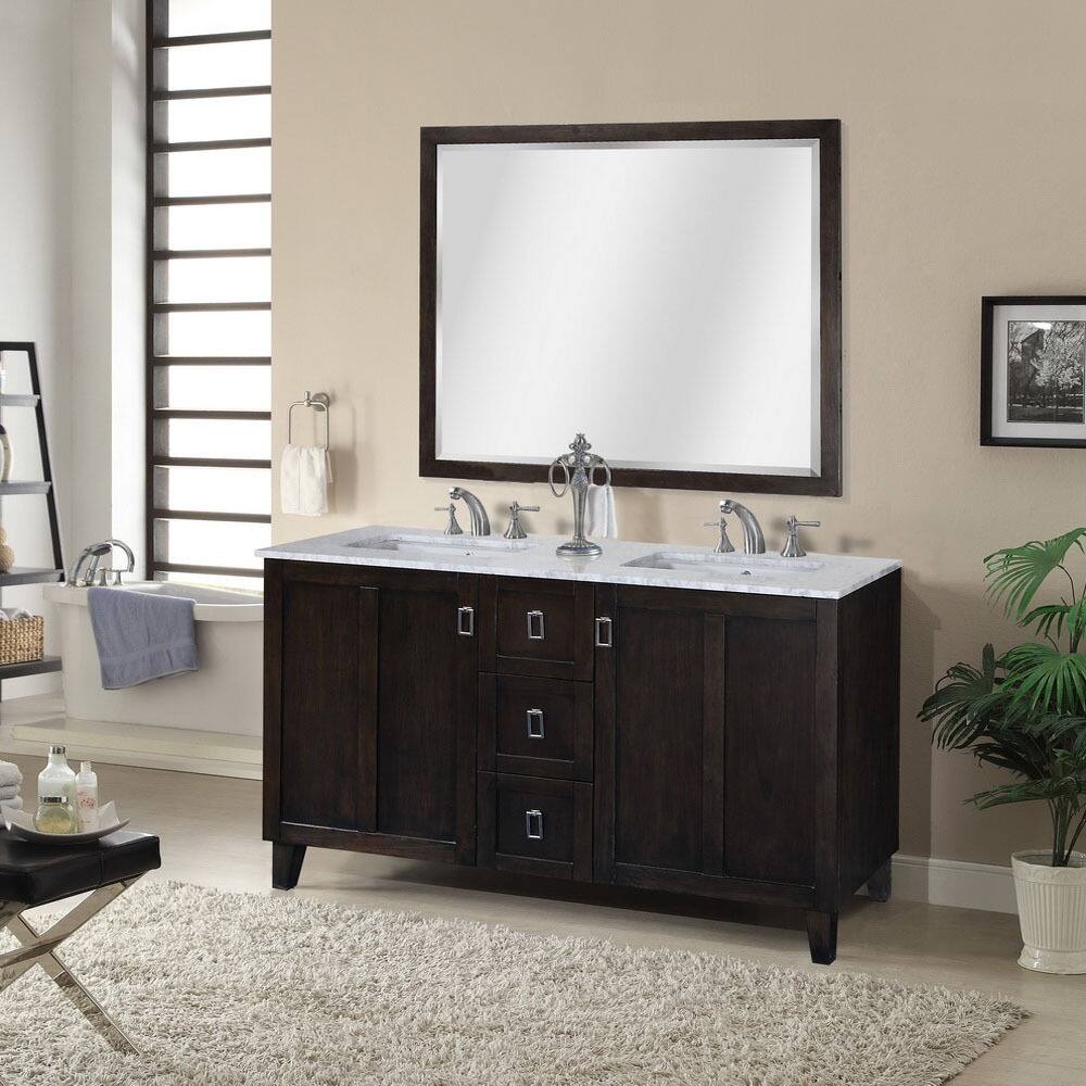 Carrara White Marble Dark Brown Finish Double Sink Bathroom Vanity