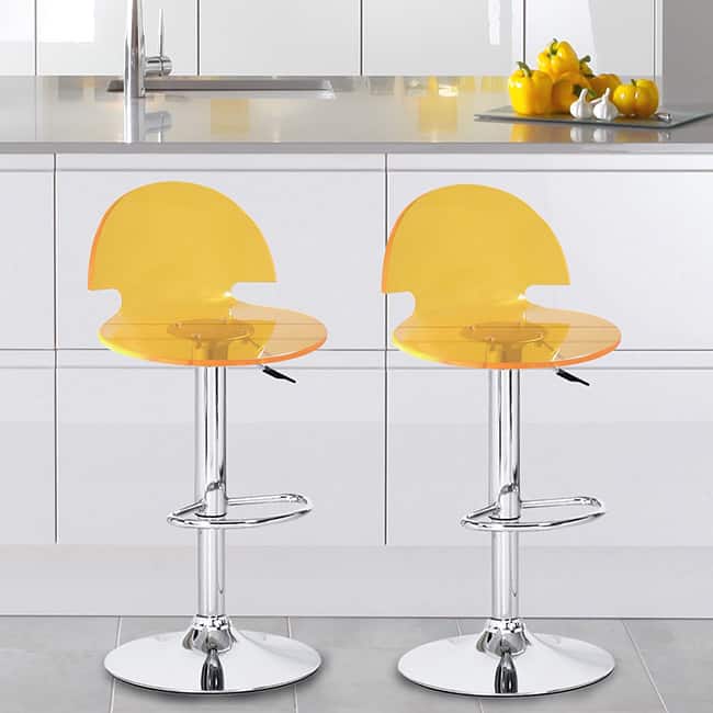 Adeco Acrylic Hydraulic Lift Adjustable Transparent Yellow Barstool Chair with Chrome Finish Pedestal Base (Set of 2)