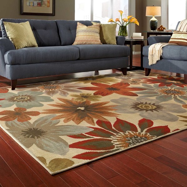Large Scale Floral Beige/ Blue Rug (7'10 X 10'10) - 7'10" x 10'10"