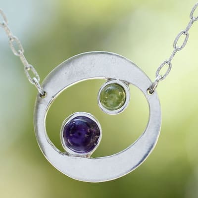 Handmade Sterling Silver 'Drifters' Amethyst Peridot Necklace (Mexico)