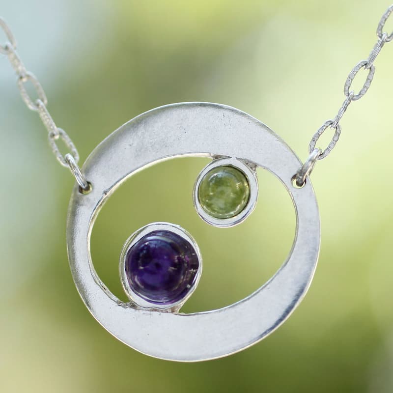 Handmade Sterling Silver 'Drifters' Amethyst Peridot Necklace (Mexico)