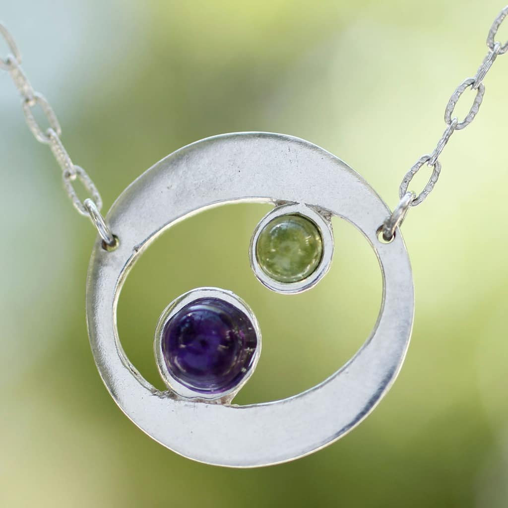 Handmade Sterling Silver 'Drifters' Amethyst Peridot Necklace (Mexico)