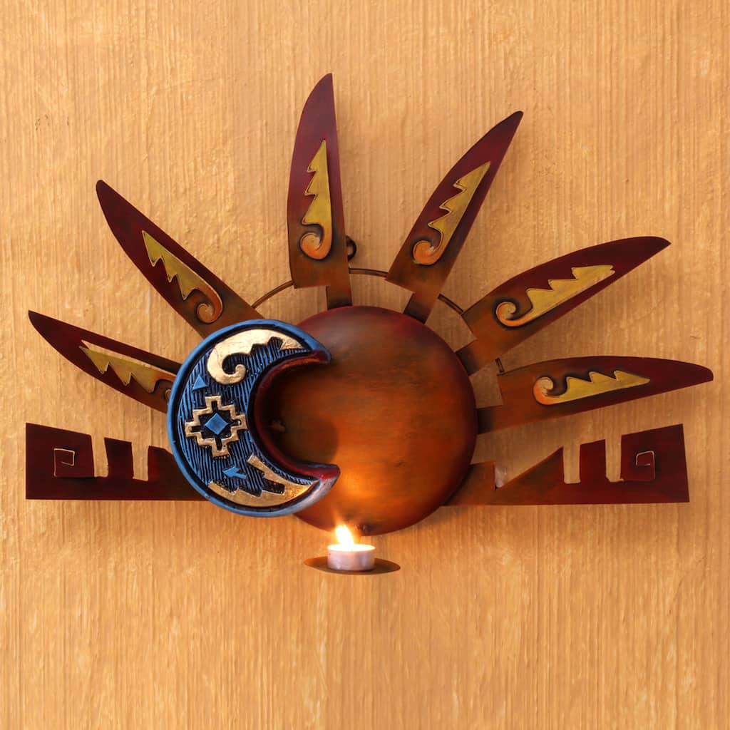 Handmade Iron 'Aztec Eclipse' Wall Candleholder (Mexico)