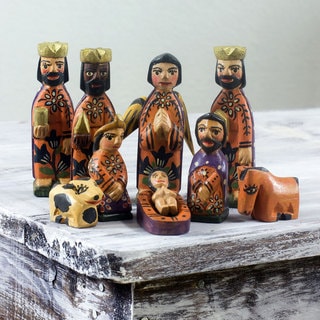 Set of 10 Handcrafted Pinewood 'Devotion' Nativity Scene