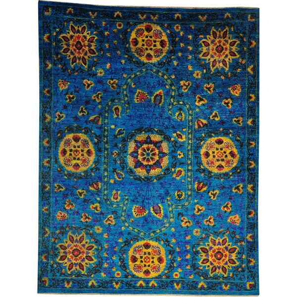 Handknotted Modern Oriental Rug Denim Blue Sari Silk Area Rug (8' x 10