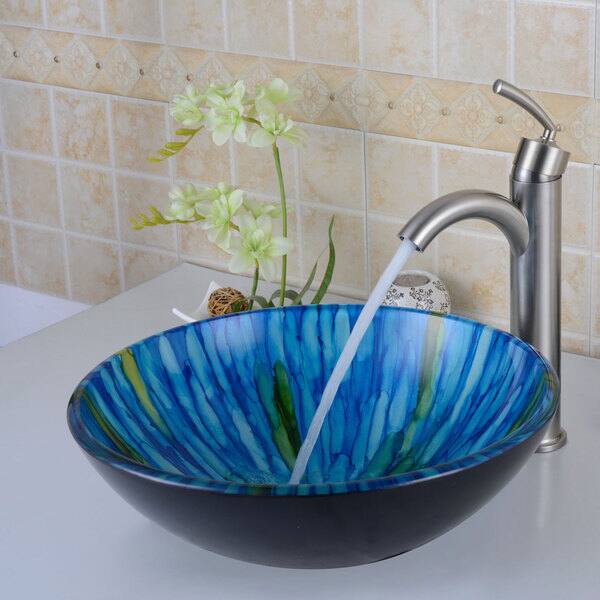Elite Blue Hand-painted Tempered Glass Vessel Sink and Faucet Combo ...