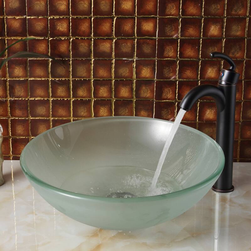 Elite Frosted Tempered Glass Bathroom Vessel Sink with Faucet Combo - Oil Rubbed Bronze Finish Faucet+Sink