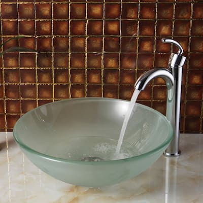 Elite Frosted Tempered Glass Bathroom Vessel Sink with Faucet Combo