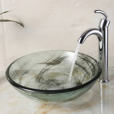 Elite New Tempered Bathroom Black Swirl Glass Vessel Sink With Faucet Combo