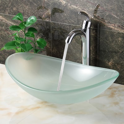 Elite Oval-shape Frosted Tempered Bathroom Glass Vessel Sink and Faucet Combo