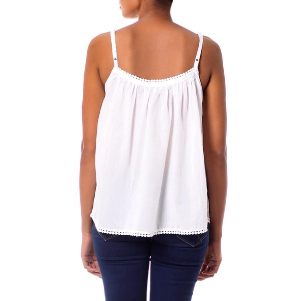 Handmade Cotton 'White Chrysanthemums' Camisole Top (India)