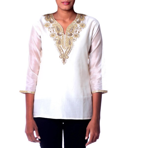 Handmade Novica Women's Beaded Cotton Silk 'Morning Princess' Tunic (India)