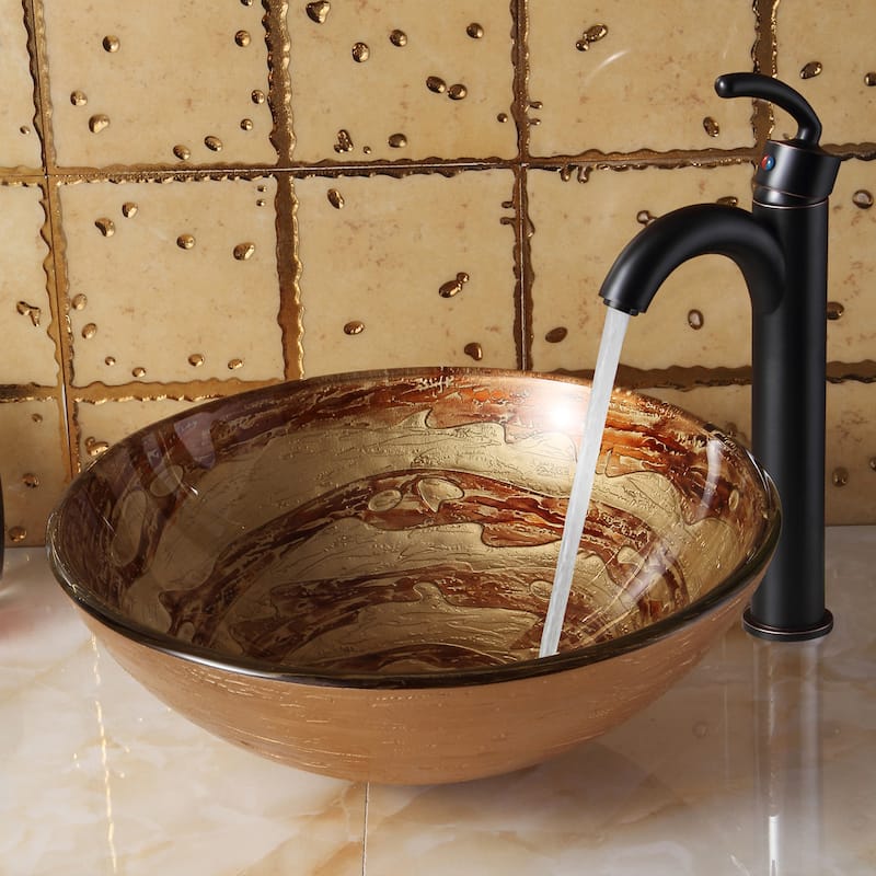 Elite Modern Design Tempered Glass Bathroom Vessel Sink and Faucet Combo - Oil Rubbed Bronze Finish Faucet+Sink