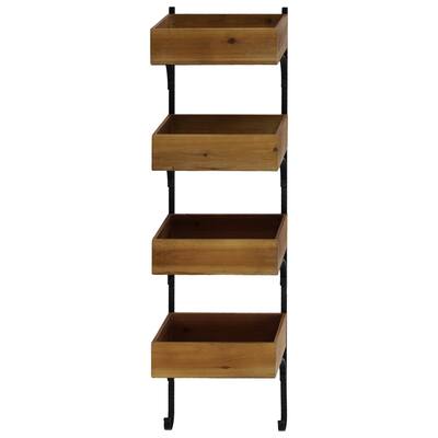Natural Wood Finish Wood Wall Shelf with Metal Braces and 4 Tiers