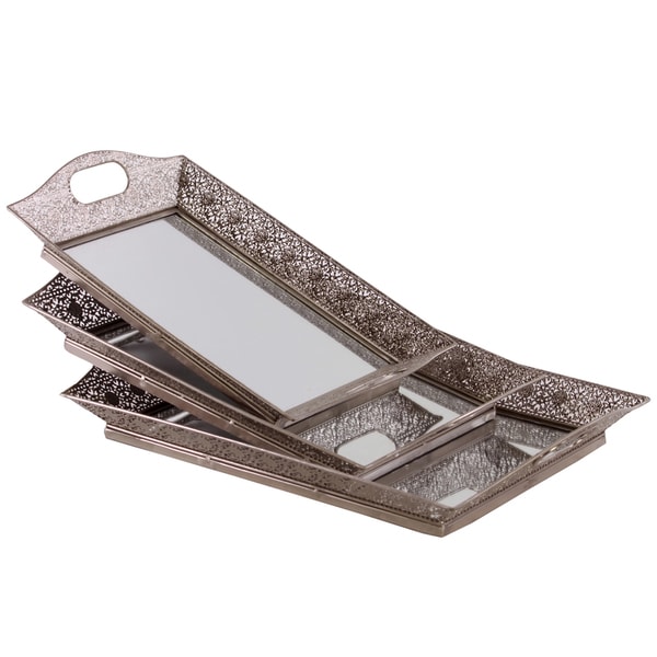 Pierced Silver Metal Tray with Mirror Surface and Hole Handles (Set of 3)