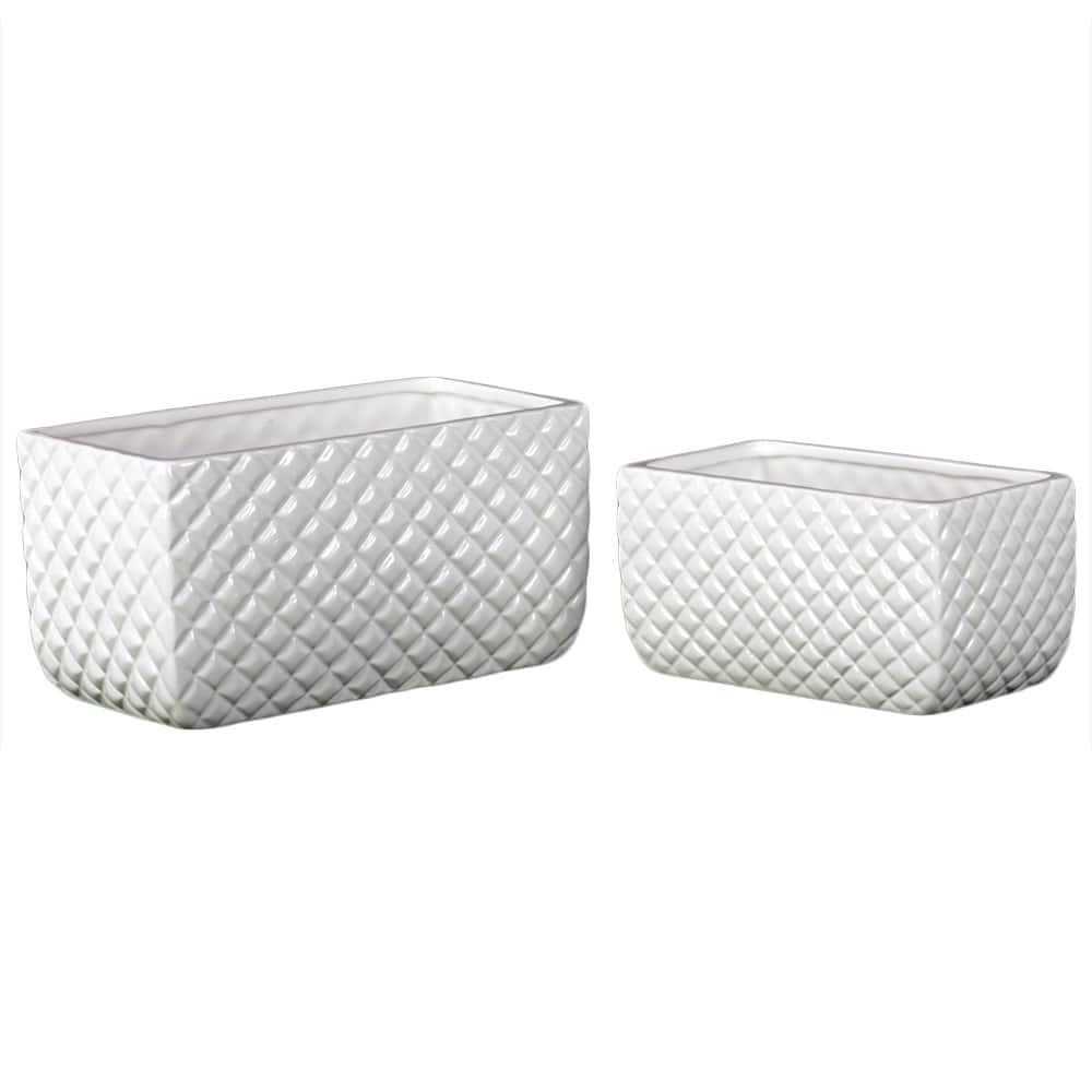 Gloss White Ceramic Rectangular Pots with Diagonal Pattern (Set of 2)