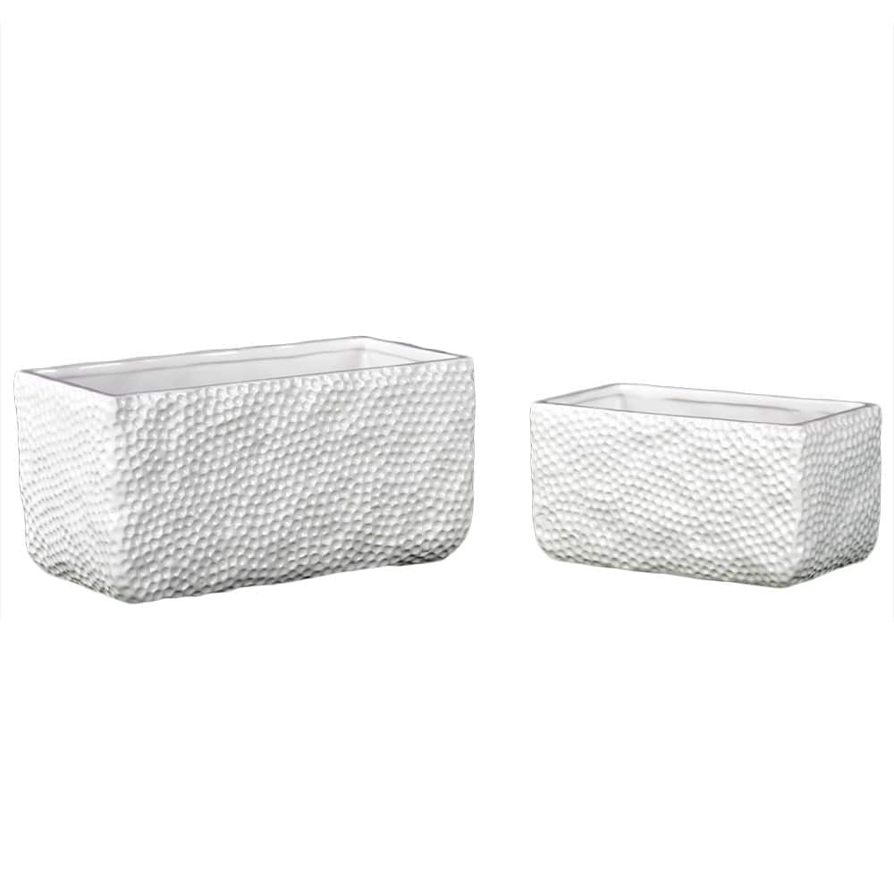 Dimpled Gloss White Ceramic Rectangular Uneven Pots (Set of 2)
