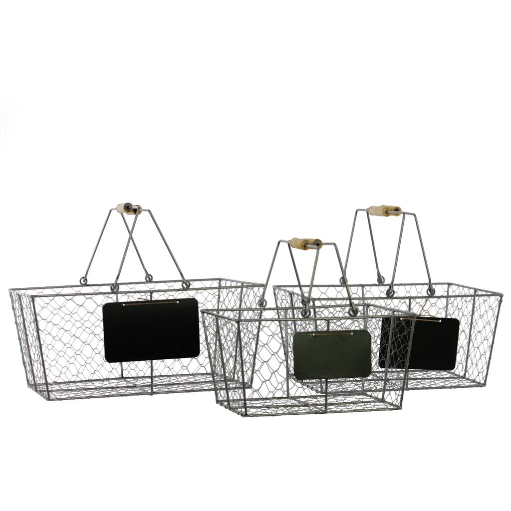Silver Metal Wire Basket Rectangular with Mesh Sides Wood Handles and Black Name Plate (Set of 3)