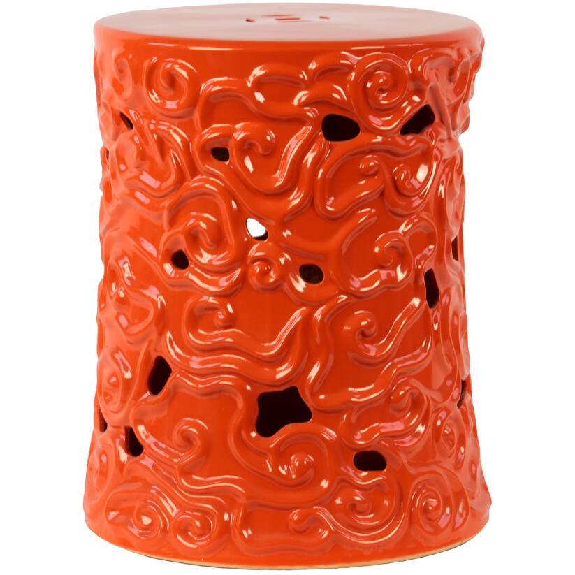 Gloss Red Orange Ceramic Garden Stool with Embossed Swirl Designs