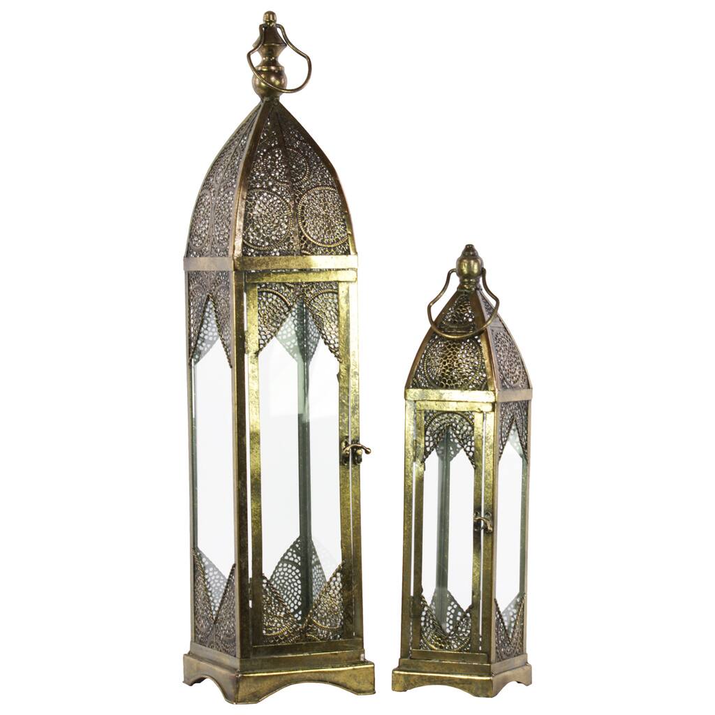 Bronze Metal Lantern with Ring Hanger, Glass Sides and Square Base (Set of 2)
