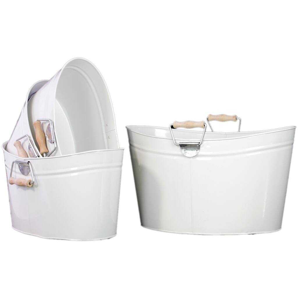 White Metal Oval Bucket With Wood Handle (Set of 4)