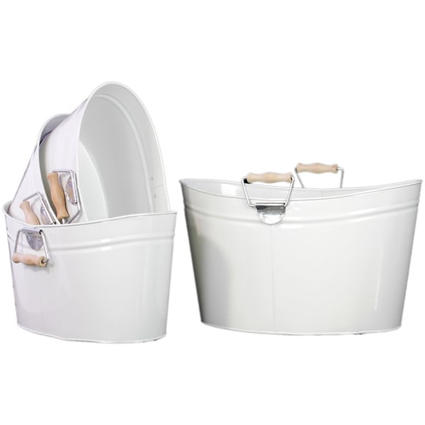 White Metal Oval Bucket With Wood Handle (Set of 4) Free Shipping