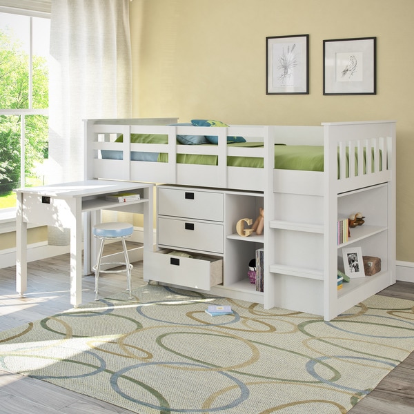 white loft bed with desk and storage