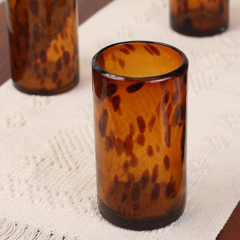 NOVICA Artisan Handblown Recycled Tumblers Mexican Water Glasses Brown Tableware 'Tall Tortoise Shell'(Set Of 6) - 6*3.2