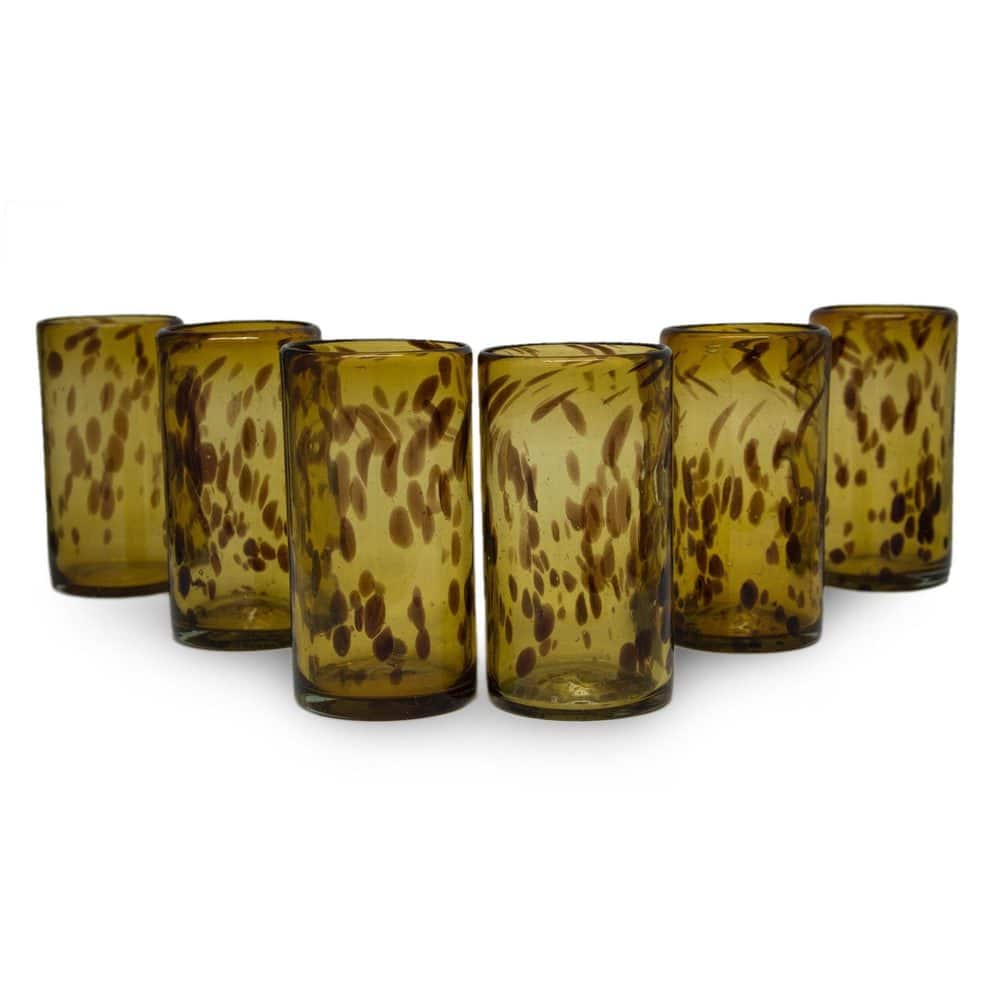 NOVICA Artisan Handblown Recycled Tumblers Mexican Water Glasses Brown Tableware 'Tall Tortoise Shell'(Set Of 6) - 6*3.2